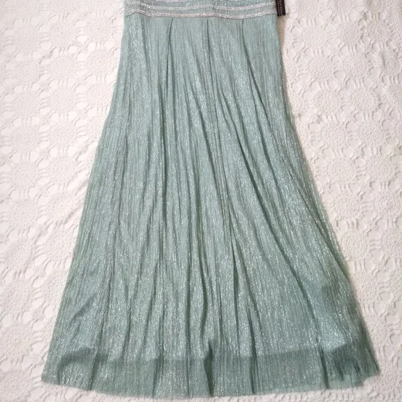 New R&M Richards Maxi Dress Fit Flare Aqua Blue Glitter Empire Waist 14 P Women - Picture 2 of 8